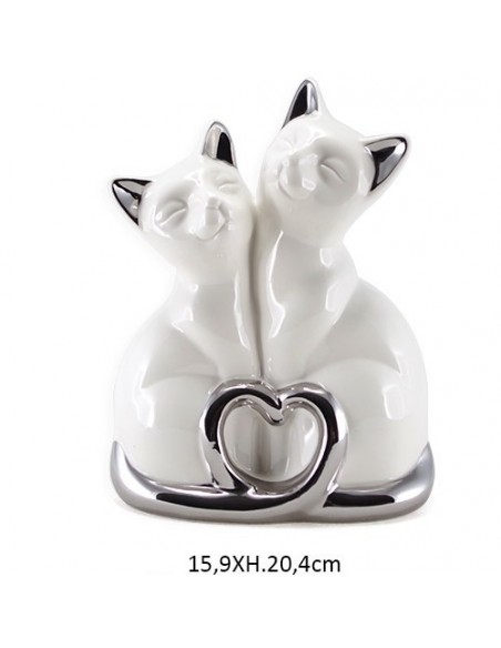 Statue couple de chats 15.9x9.1xh20.4cm - coloris blanc et argenté