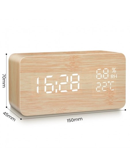 Réveil matin Led station météo design coloris bois clair