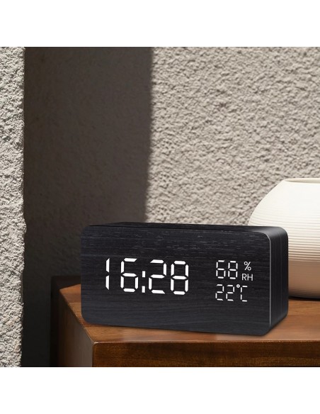 Réveil Design numérique LED station météo coloris bois noir