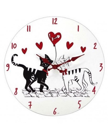 Horloge murale Chats Mignons dia 30 cm en bois coloris blanc, rouge et noir