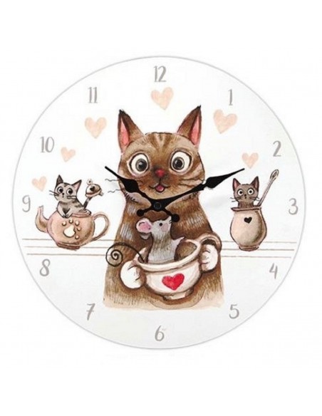 Horloge murale chats fripons dia 30 cm en bois coloris blanc, gris, marron et rouge