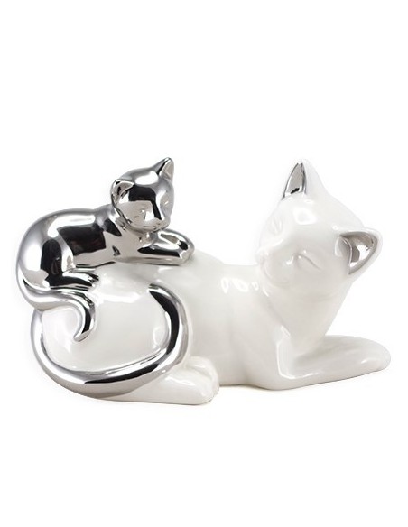 Statue chat avec chaton 20.3x10.4xh12.4cm - coloris blanc et argenté