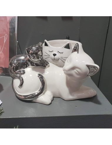 Statue céramique chat avec son chaton coloris blanc et argent