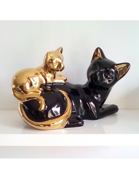 Statue chat avec chaton 20.3x10.4xh12.4cm - coloris noir et doré