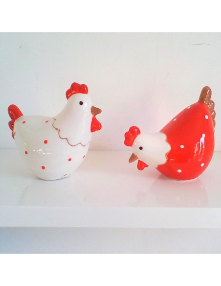 Ensemble de 2 statuettes design poule blanc et rouge 9.5x5.7xH8.9cm