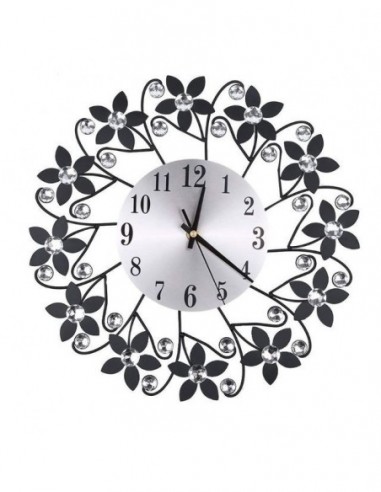 Horloge murale design fleur en métal et Strass dia 35 cm