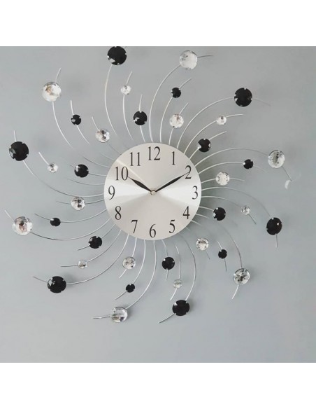 Grande horloge murale design soleil en métal et Strass transparent et noir dia 48,5 cm